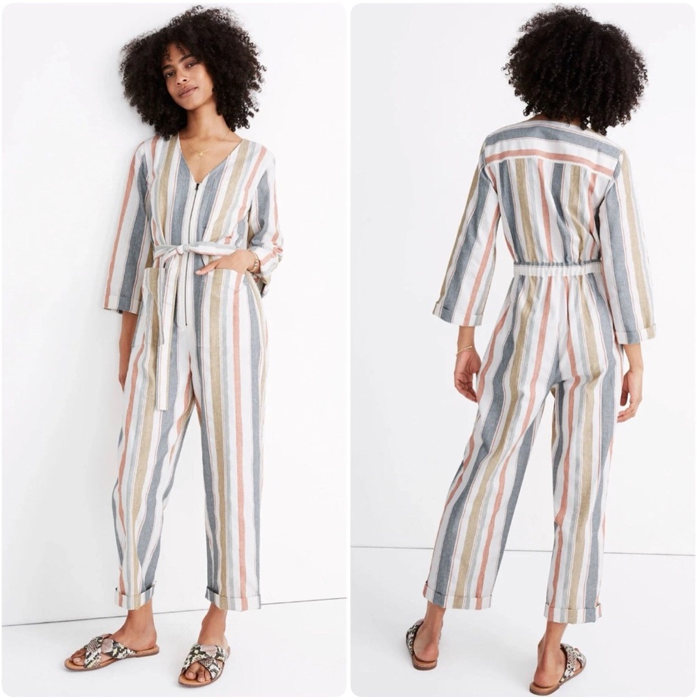 Madewell Linen JUMPSUIT Zip Front POCKETS Waist Tie Elastic Back SLIMMING EUC